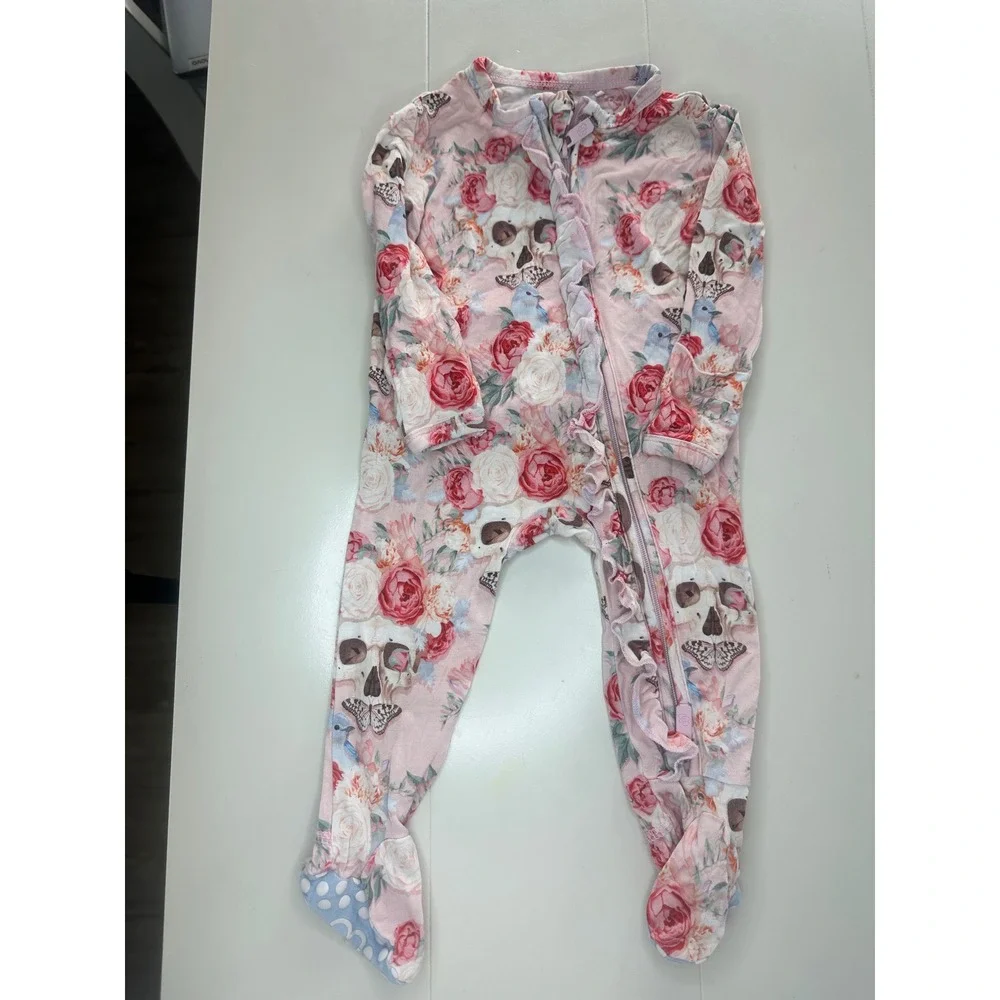 Little Bum Bums Footie Sleeper 0-3M Pink Floral Skull Excellent Ruffle Bamboo